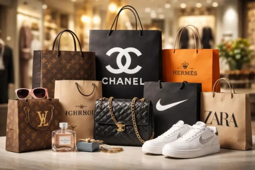 Composição visual com sacolas e produtos de marcas de roupas famosas, como grifes de luxo e marcas esportivas, dispostas em ambiente elegante de loja, representando moda, consumo e identidade de marca.
