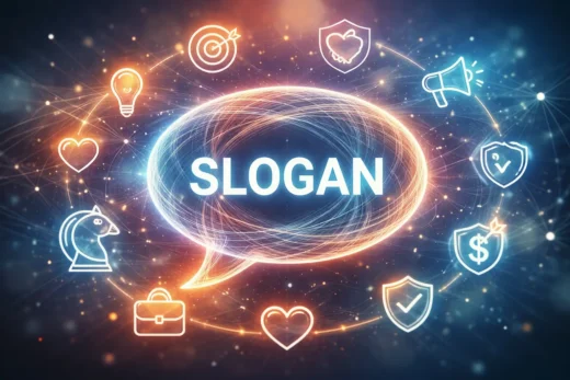 Palavra “SLOGAN” em destaque no centro da imagem, cercada por elementos visuais abstratos que representam comunicação, estratégia, criatividade, valor de marca e proteção, simbolizando o papel do slogan no branding empresarial.