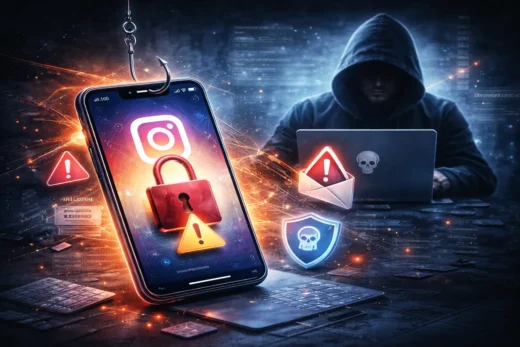 Ilustração em estilo realista que representa um ataque digital: um smartphone com ícone do Instagram aparece preso a um anzol, com cadeado e alertas de segurança, enquanto ao fundo uma figura encapuzada usa um notebook em um ambiente de cybercrime, simbolizando conta hackeada e riscos digitais.