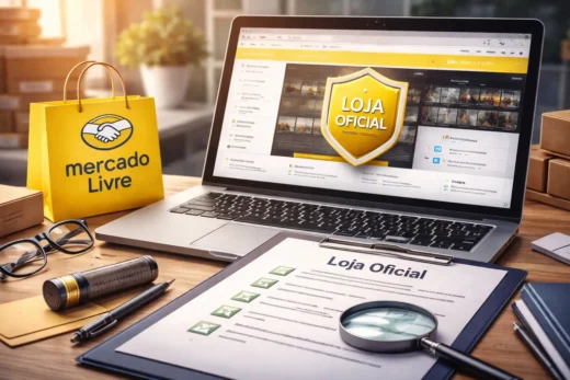 Ambiente de trabalho com notebook exibindo selo de Loja Oficial do Mercado Livre, sacola da plataforma, checklist sobre a mesa e caixas de envio, representando profissionalização no e-commerce.