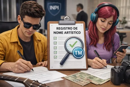 Imagem realista mostra duas pessoas sentadas à mesa assinando documentos relacionados ao registro de nome artístico, com destaque para uma prancheta ao centro indicando aprovação, símbolo de verificação e referência a marca, em um ambiente profissional ligado ao INPI.