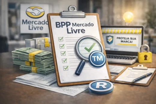 Mesa de trabalho com clipboard escrito “BPP Mercado Livre”, lupa destacando checklist de proteção de marca e notebook ao fundo com tela de proteção de marca.