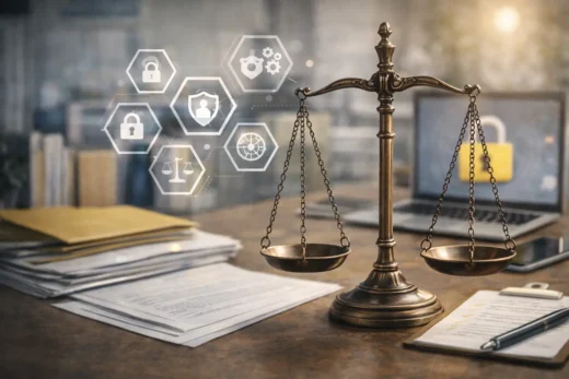 Balança da justiça simbolizando os princípios da LGPD, com documentos, notebook e ícones de proteção de dados ao fundo, representando equilíbrio, legalidade e segurança da informação.