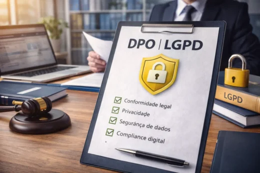 Ambiente corporativo com profissional analisando documentos, prancheta com referência a DPO e LGPD, símbolo de cadeado e livros jurídicos ao fundo, representando governança, proteção de dados e compliance legal.