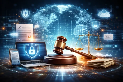 Ilustração conceitual representando o Direito Digital, com elementos visuais de tecnologia, dados, segurança da informação e legislação integrados, simbolizando a aplicação do Direito às relações no ambiente digital.