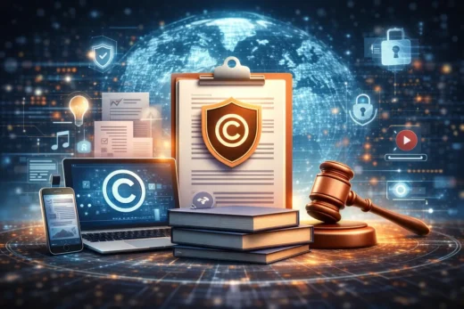 Ilustração conceitual sobre direitos autorais no ambiente digital, com símbolo de copyright protegido por escudo, livros jurídicos, martelo do juiz e dispositivos digitais, representando a proteção legal de obras na internet.