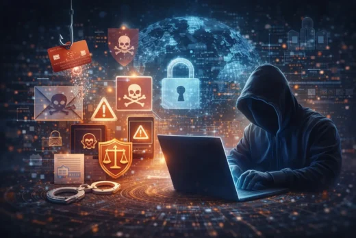 Ilustração digital realista representando crimes cibernéticos, com uma pessoa encapuzada usando um notebook em ambiente escuro, cercada por ícones de alerta, cadeado digital, phishing, fraudes online, símbolos de crime e justiça, remetendo a ataques virtuais, invasões de sistemas e riscos no ambiente digital.