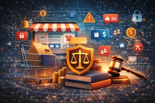 Ilustração representando marketplace e e-commerce com carrinho de compras, loja virtual e símbolos jurídicos como balança da justiça e martelo do juiz.