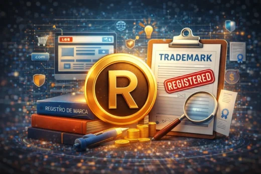 Ilustração realista representando o registro de marca, com símbolo ® em destaque, documento oficial registrado, lupa, livros jurídicos e elementos digitais que remetem à proteção da identidade empresarial.