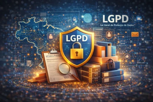 Ilustração digital em estilo tecnológico mostrando um escudo com cadeado simbolizando proteção de dados, cercado por servidores, documentos, ícones de privacidade e o mapa do Brasil, representando a LGPD e a segurança da informação no ambiente digital.