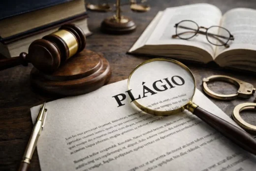 Lupa posicionada sobre um documento impresso, destacando a palavra “PLÁGIO” no centro da página, com elementos jurídicos ao redor, como martelo de juiz, livros, algemas e caneta, simbolizando a análise legal e as consequências jurídicas do plágio.