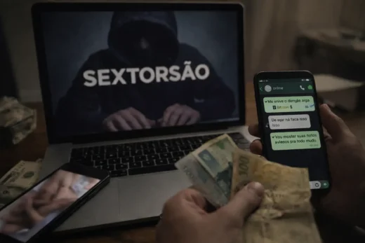 Pessoa segura um celular exibindo conversa fictícia de WhatsApp com mensagens de ameaça, enquanto ao fundo há um computador e dinheiro sobre a mesa, simbolizando sextorsão e chantagem digital.