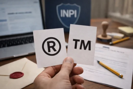 Close-up de uma mão segurando dois cartões brancos com os símbolos ® e ™, sobre uma mesa de trabalho com documentos, carimbo e computador ao fundo, destacando um emblema com a sigla INPI, em um contexto de registro e proteção de marcas.