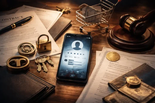 Imagem em estilo editorial mostrando um smartphone sobre uma mesa com documentos jurídicos, cadeado e martelo de juiz, representando crimes cibernéticos envolvendo perfil fake e fraudes digitais.