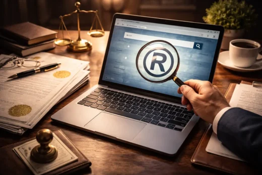Imagem em estilo editorial mostrando um notebook com uma lupa destacando símbolo de marca registrada, sobre uma mesa com documentos e elementos jurídicos, representando consulta de marca no INPI.