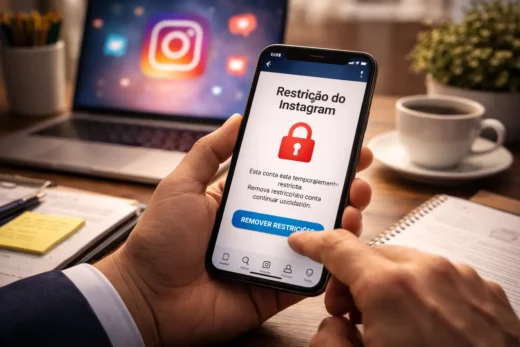 Imagem em estilo editorial mostrando um smartphone com aviso de restrição no Instagram e botão de remover restrições, simbolizando bloqueios e recuperação de contas em redes sociais.
