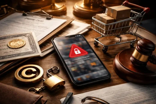 Close-up fotorrealista de uma mesa de trabalho com elementos jurídicos e de e-commerce: smartphone ao centro exibindo um ícone de alerta com cadeado (sem texto), documentos contratuais parcialmente visíveis, certificado com selo dourado, carrinho de compras em miniatura com caixas, símbolo de direitos autorais em metal, cadeado e chave e um martelo judicial. A iluminação é quente e dramática, com profundidade de campo cinematográfica e fundo suavemente desfocado, transmitindo a ideia de conta suspensa em marketplace.