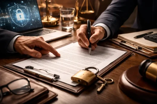 Mãos assinando contrato com cadeado e laptop ao fundo, simbolizando confidencialidade e proteção de dados (LGPD/NDA).