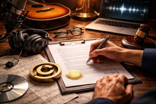 Mãos assinando documento com violão, fones e símbolo de copyright, representando registro de música e direitos autorais.