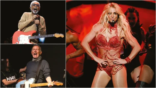 Colagem com artistas renomados se apresentando ao vivo — incluindo guitarristas veteranos e uma cantora pop em performance — ilustrando o mercado milionário de venda de catálogos musicais e os direitos autorais na indústria musical