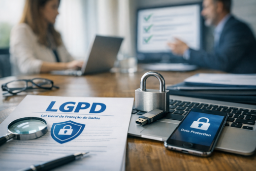 Documento da LGPD, cadeado e dispositivos em reunião sobre adequação à LGPD e proteção de dados.