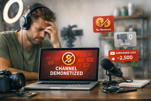 Criador preocupado diante do notebook com aviso de canal desmonetizado, sem receita, anúncios e perda de inscritos.