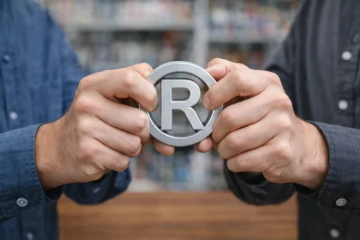 Duas pessoas disputando símbolo de marca registrada (®), representando colidência de marcas e conflito de titularidade.