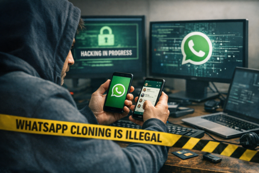 Pessoa com capuz diante de telas e celulares, ilustrando que clonar whatsapp é crime e expõe riscos de invasão digital.
