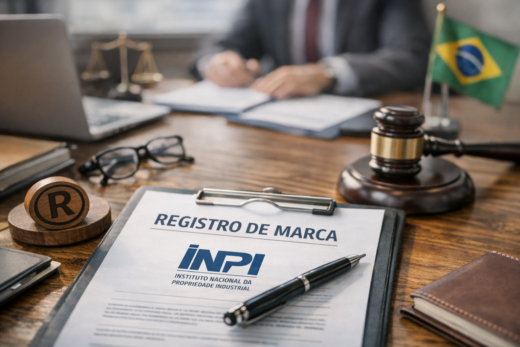 Documento de registro de marca no inpi sobre mesa com martelo jurídico, laptop e bandeira do Brasil.