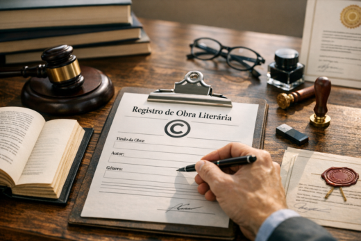Pessoa preenchendo formulário de registro de obra literária em cartório para registrar livro e proteger direitos autorais.