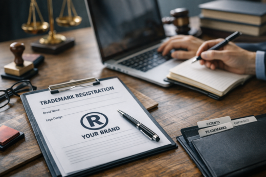 Advogado em escritório com formulário de trademark registration, ideal para registrar marca.