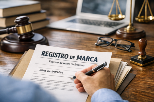 Pessoa assinando documento de registro de marca em escritório jurídico para registrar nome de empresa.
