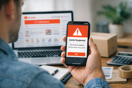 Vendedor vê alerta de conta suspensa na Shopee no celular e notebook, ao lado de caixas e calculadora.