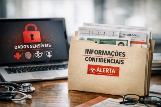Pasta com informações confidenciais e laptop alertam para proteção de dados sensíveis na área da saúde.