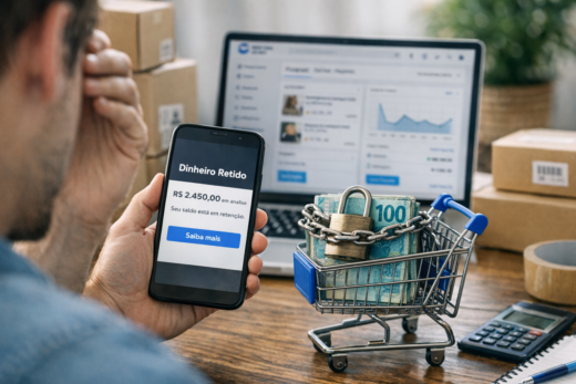 Pessoa preocupada com dinheiro retido no mercado pago no celular, ao lado de carrinho com notas e cadeado.