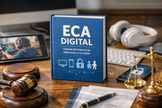 Livro eca digital sobre proteção de crianças e adolescentes, com símbolos jurídicos e dispositivos eletrônicos.