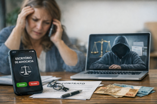 Mulher preocupada ao telefone diante de chamada suspeita, ilustrando golpe do falso advogado.