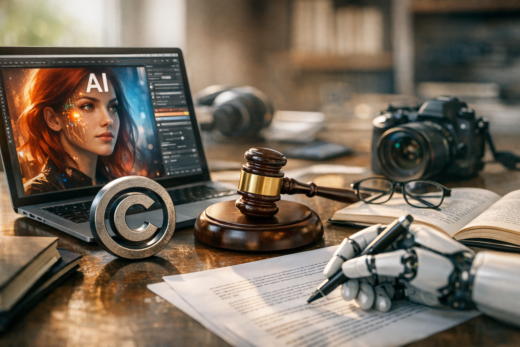 Cena sobre inteligência artificial e direitos autorais com laptop, martelo jurídico, câmera e mão robótica.