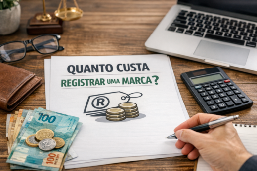 Mesa com dinheiro, calculadora e documento sobre quanto custa registrar marca.