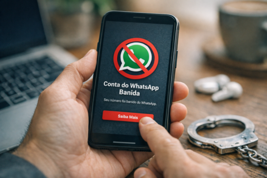 Celular com aviso de whatsapp banido na tela, mãos segurando o aparelho e algemas sobre a mesa.