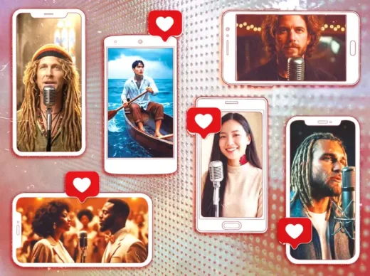 Cantores em telas de smartphones com ícones de curtidas, representando músicos criados por inteligência artificial nas redes sociais.