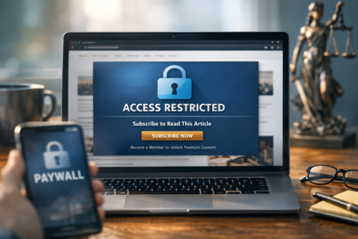 Notebook com aviso de acesso restrito e paywall em site de notícias, com celular em primeiro plano.