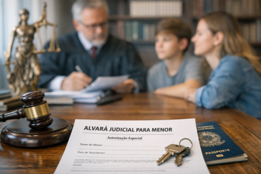 Alvará judicial para menor sobre a mesa com passaporte, chaves e família diante de juiz em escritório.