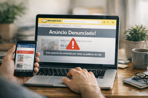 Notebook e celular exibem Anúncio denunciado no mercado livre, removido por violar políticas.