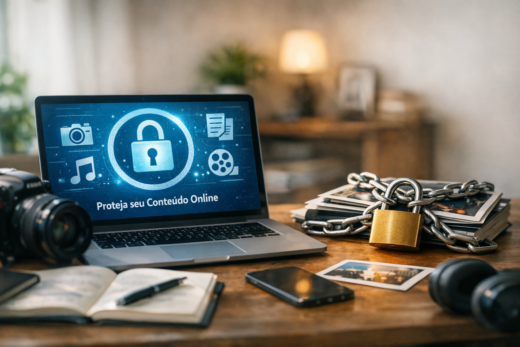 Como proteger conteúdo na internet: notebook com cadeado e arquivos protegidos por corrente.