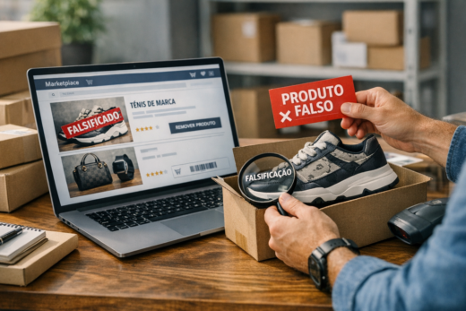 Pessoa analisa tênis falsificado ao lado de laptop; como remover produto falsificado de marketplace