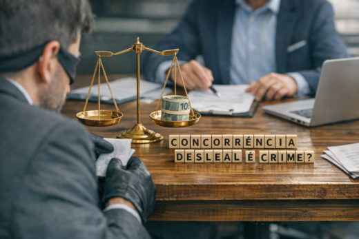 Balança da justiça, dinheiro e reunião empresarial ilustram: Concorrência desleal é crime?