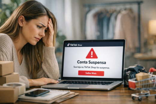 Mulher preocupada diante do notebook com aviso de conta suspensa tiktok shop na tela.