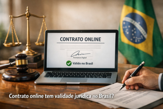 Contrato online tem validade jurídica no Brasil? Laptop exibe contrato digital ao lado de balança da Justiça e bandeira brasileira.