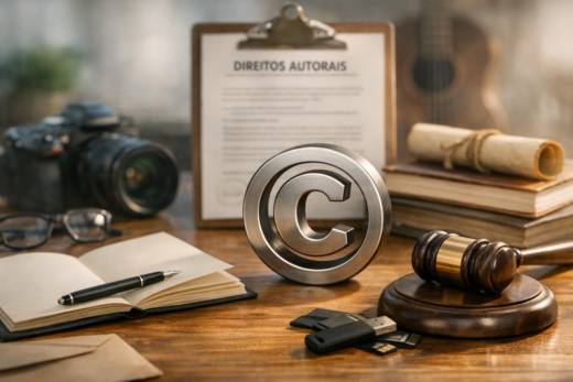 Mesa com símbolo de copyright, martelo, câmera e documento sobre direitos autorais e proteção de obras.